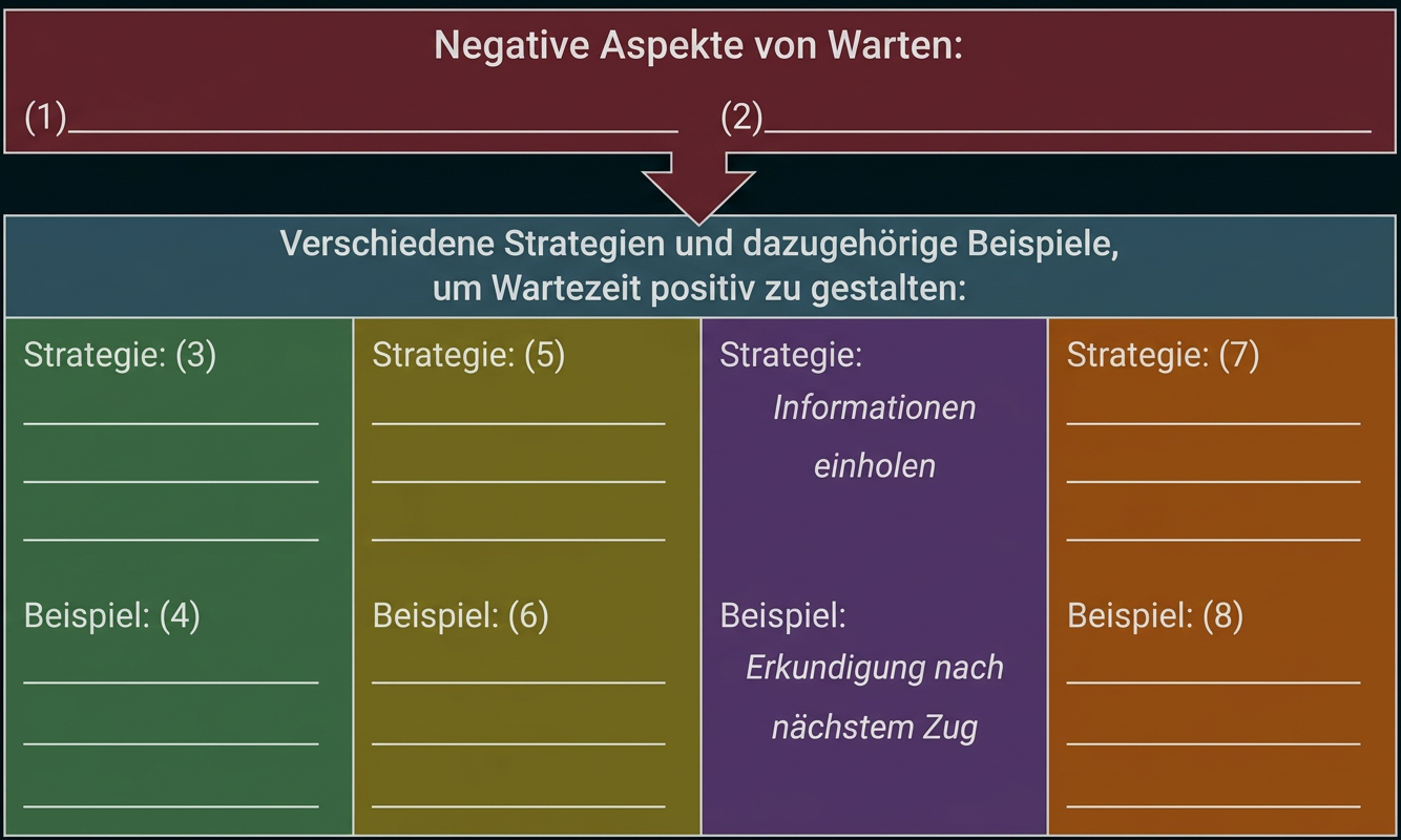 Arbeitsblatt zu negativen Aspekten des Wartens und Strategien zur positiven Gestaltung der Wartezeit.